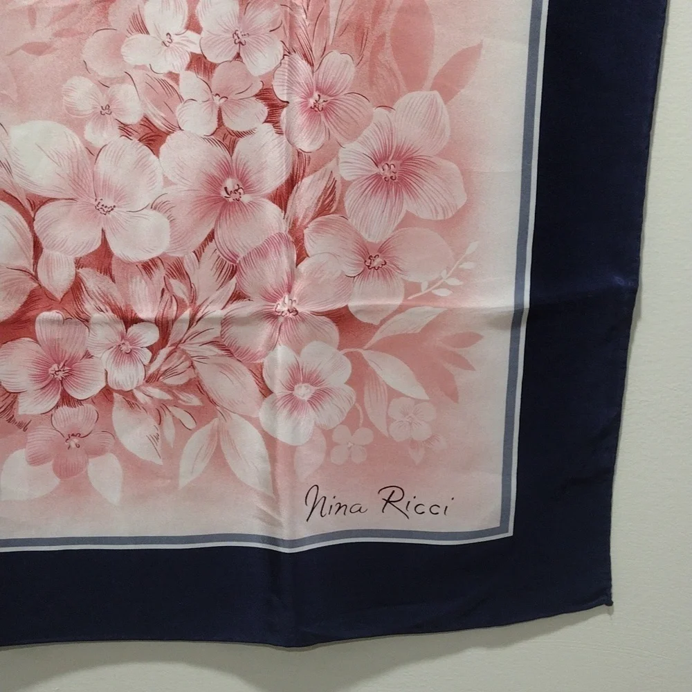 Luxury Nina Ricci Silk Scarf – Pink Floral Design with Blue, Grey & White 30x30